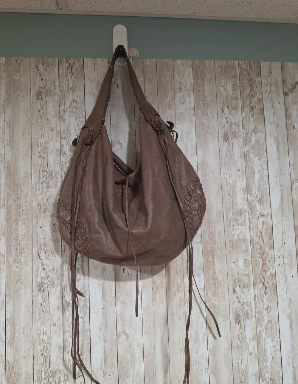 Juicy Couture Brown Large Hobo Bag Studded Laced Zip Leather Lined Y2K stained